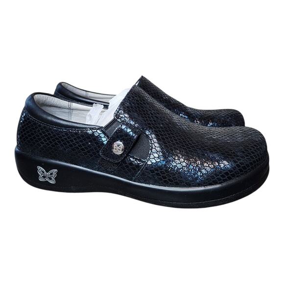 Alegria Kara Oceanic Blue Black Snakeskin Shimmer Leather Clogs KAR-468XW 8-8.5 - Picture 1 of 16